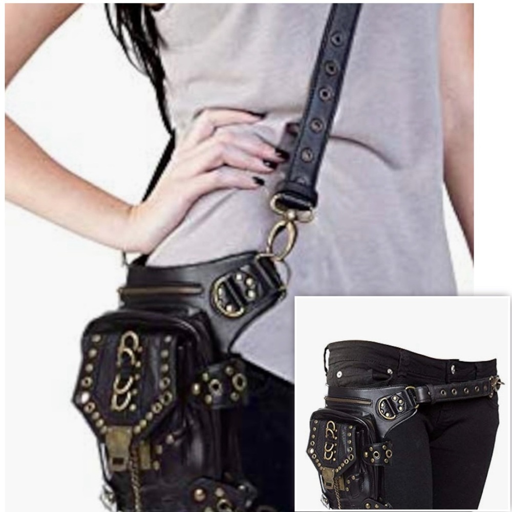 Edgy Black Crossbody Bag with Gold Details